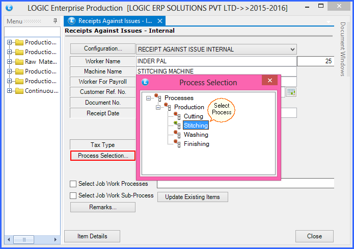 Production > Production Process > Receipts against Issues- Internal