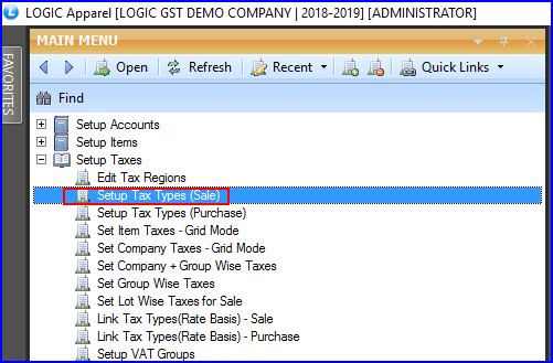 Master Creation > Tax Master > Setup Tax Types (Sale)