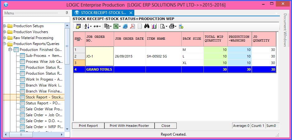 Production > Production Reports > Finished Good Reports > Stock Report ...