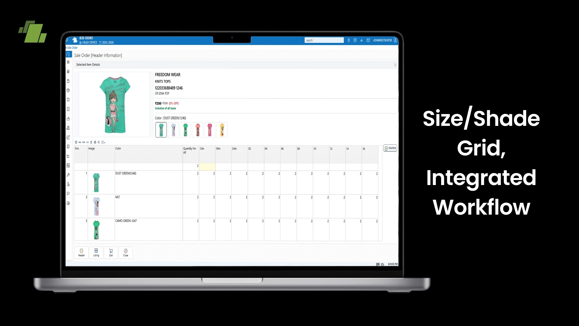 Size_Shade Grid, Integrated Workflow - B2B ORDER BOOKING