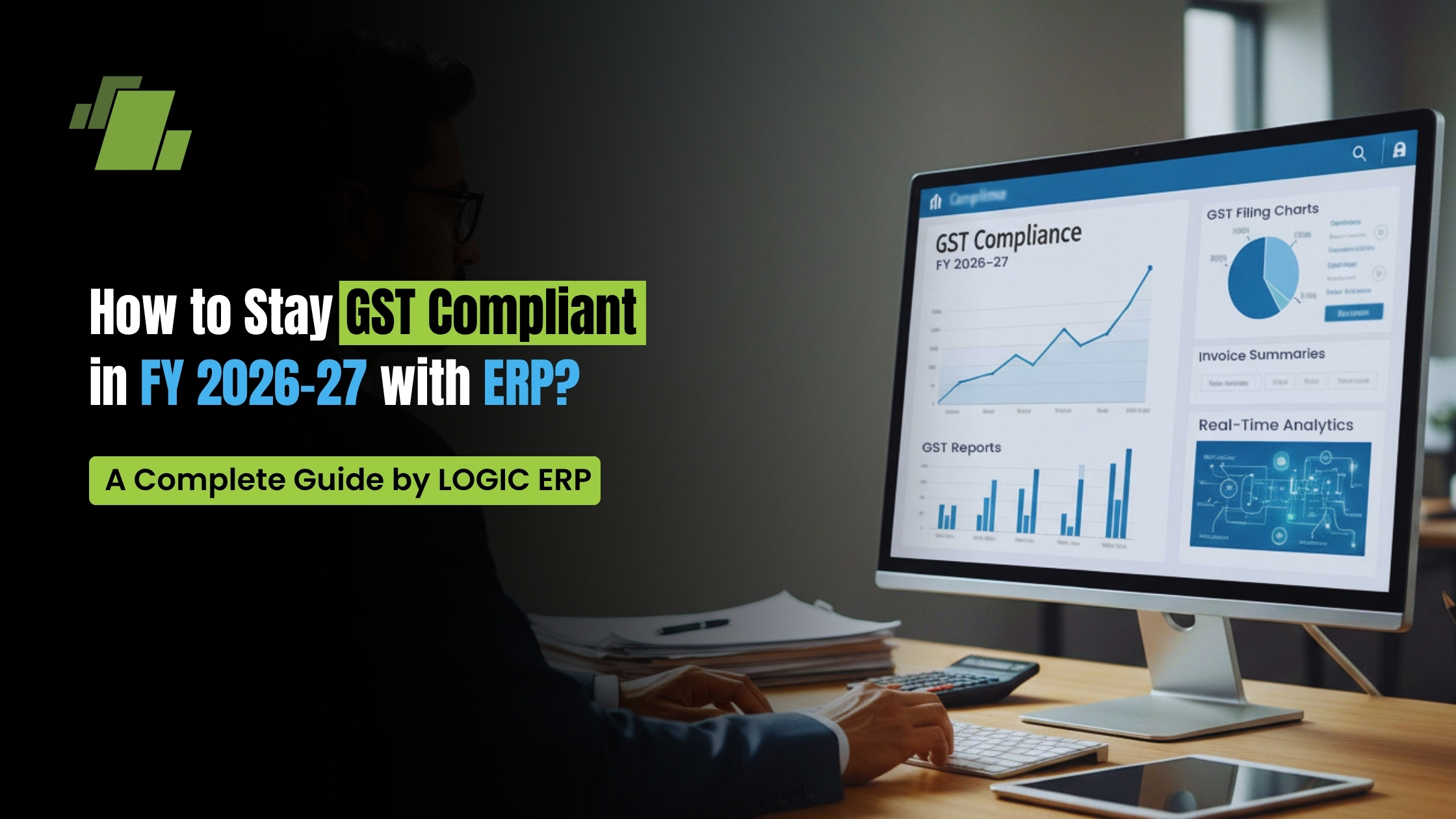 ERP dashboard showing GST compliance automation, e-invoicing, and tax reconciliation in real-time